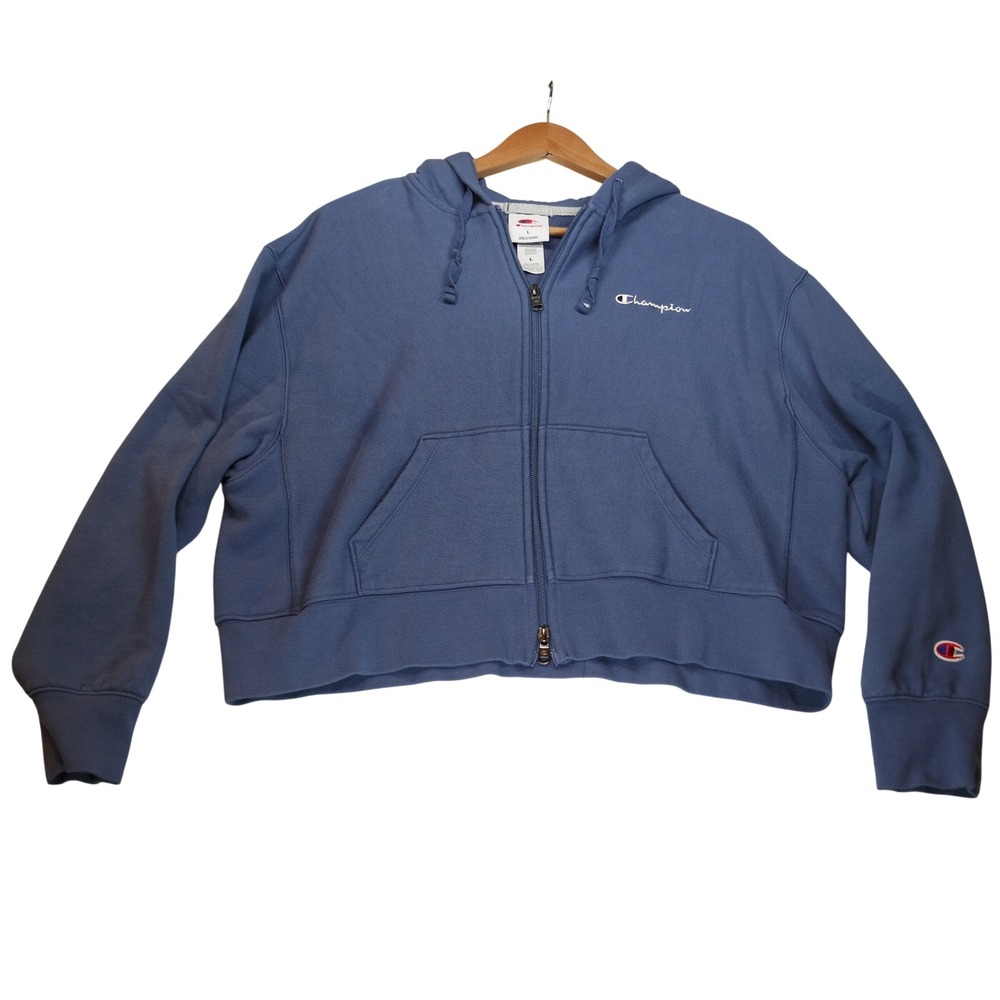Champion Cropped Full Zip Hoodie Womens L Dusty Blue Sweatshirt Boxy Fit